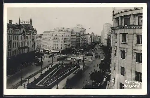 AK Beograd, Springbrunnen-Anlage mit Strassenbahn aus der Vogelschau