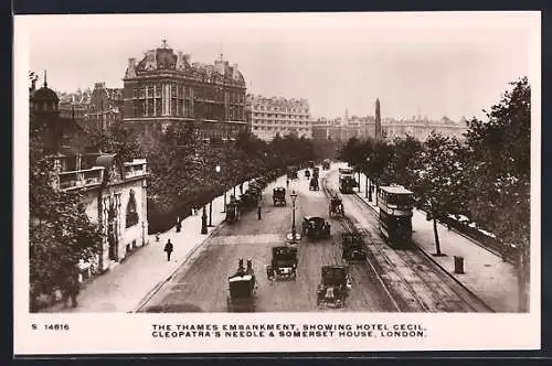 AK London, Thames-Embankment, showing Hotel Cecil, Cleopatra`s Needle and Somerset House, Strassenbahn