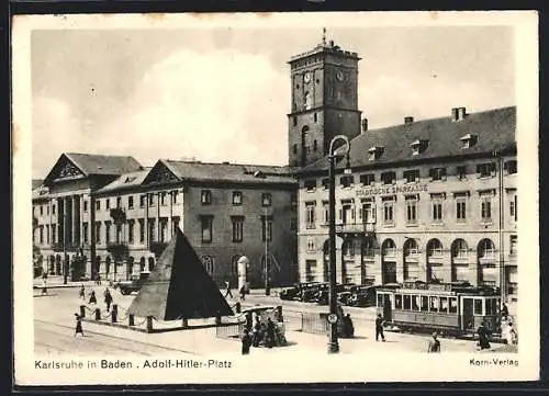 AK Karlsruhe in Baden, Platz mit Pyramide und Strassenbahn