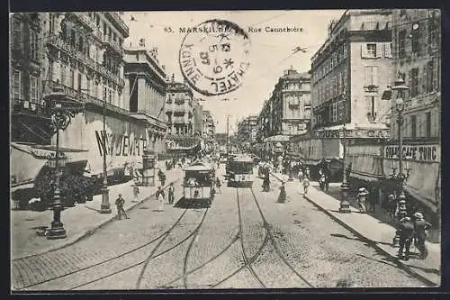 AK Marseille, Rue Cannebière, Strassenbahn