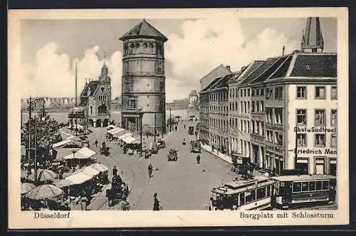 AK Düsseldorf, Burgplatz mit Schlossturm und Strassenbahn