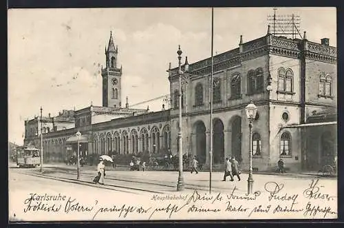 AK Karlsruhe, Passanten vor dem Hauptbahnhof