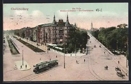 AK Charlottenburg, Am Knie, Bismarckstrasse Ecke Berlinerstrasse mit Strassenbahn