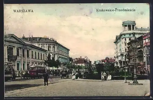 AK Warszawa, Krakowskie-Przedmiscie, Strassenbahn