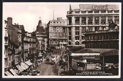 AK Liverpool, Central Station & Ranelagh Street, Strassenbahn