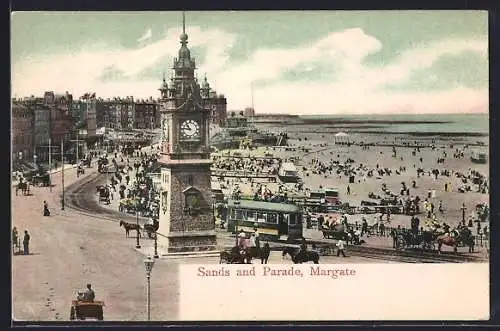 AK Margate, Sands and Parade, Strassenbahn