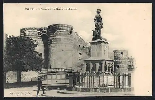 AK Angers, La Statue du Roi René et le Chateau, Strassenbahn