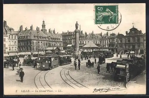 AK Lille, La Grand Place, Strassenbahn