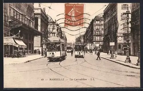 AK Marseille, La Cannebière, Strassenbahn