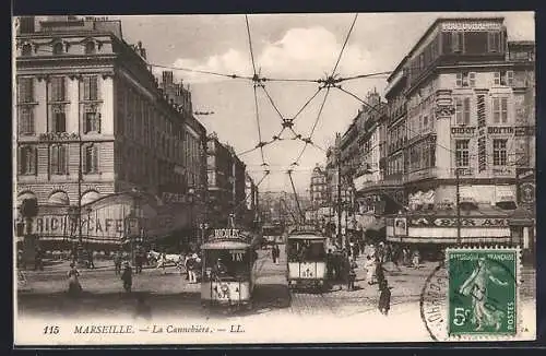 AK Marseille, La Cannebière, Strassenbahn