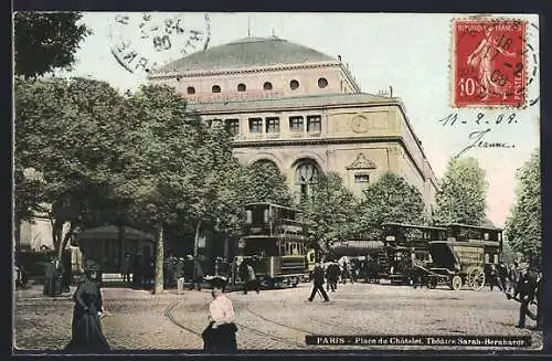 AK Paris, Place du Chatelet, Théâtre Sarah-Bernhardt, Strassenbahn