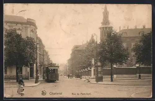 AK Charleroi, Rue du Pont-Neuf, Strassenbahn