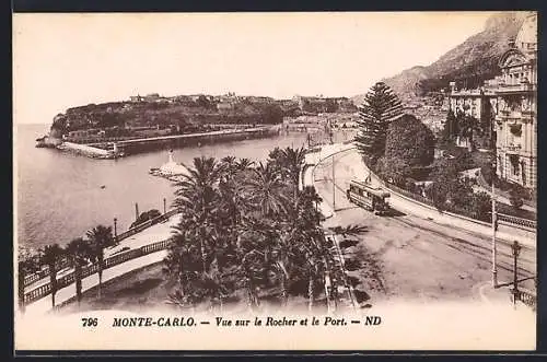 AK Monte-Carlo, Vue sur le Rocher et le Port, Strassenbahn