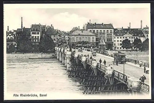 AK Basel, Alte Rheinbrücke mit Strassenbahn
