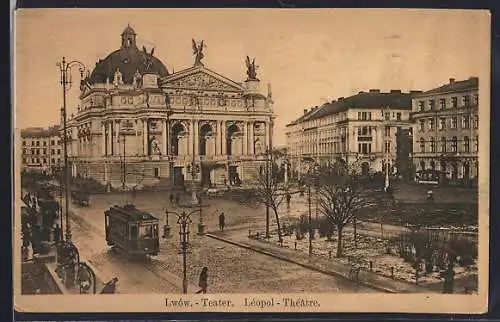 AK Lwów, Theater mit Strassenbahn