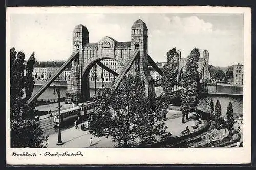 AK Breslau, Kaiserbrücke mit Strassenbahn