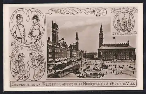 AK Copenhagen, L`Hôtel de Ville, Armes de la ville, Agent de police et Pompier, Strassenbahn