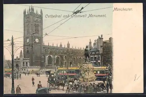 AK Manchester, Cathedral and Cromwell Monument, people, coaches and tramways