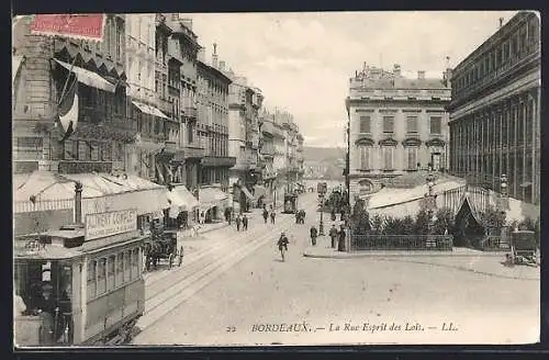 AK Bordeaux, La Rue Esprit des Lois, Geschäfte, Strassenbahn