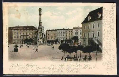 AK Olmütz, Oberring mit der Dreifaltigkeitssäule und Strassenbahn