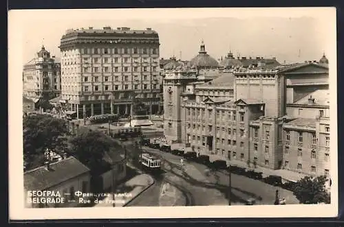 AK Belgrade, Rue de France, Strassenpartie mit Strassenbahn