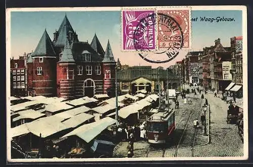 AK Amsterdam, Nieuwmarkt met Waag-Gebouw, Strassenbahn