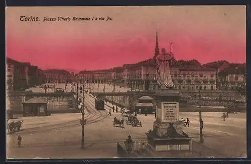 AK Torino, Piazza Vittorio Emanuele I e via Po, Strassenbahn