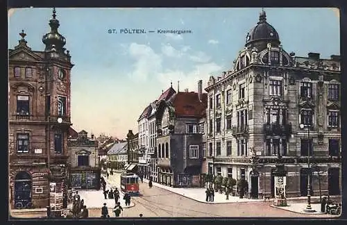AK St. Pölten, Strasse Kremsergasse mit Strassenbahn