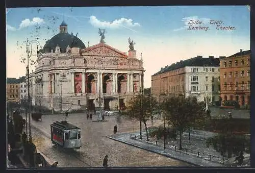 AK Lemberg, Ansicht von Theater, Strassenbahn