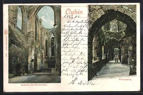 AK Oybin, Inneres der Kirchruine, Kreuzgang mit Besuchern