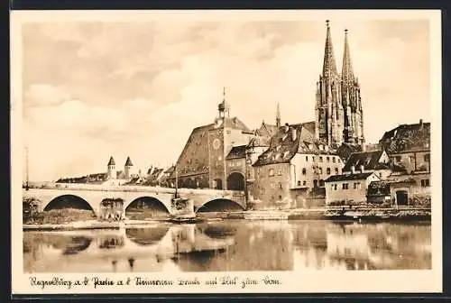 AK Regensburg a. D., Partie a. d. steinernden Bücke mit Blick zum Dom