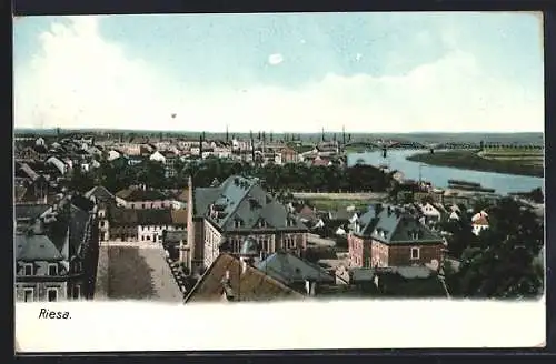 AK Riesa, Blick über den Ort mit Fluss und Brücke