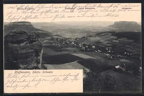 AK Pfaffenstein /Sächs. Schweiz, Ortsansicht mit Festung Königstein und Lillienstein
