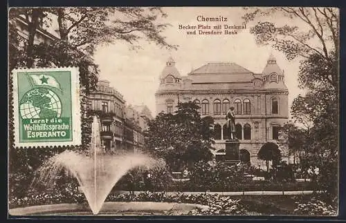 AK Chemnitz, Becker Platz mit Denkmal und Dresdner Bank