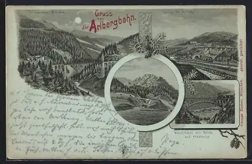 Lithographie St. Anton am Arlberg, Arlbergbahn, Triesanna Brücke, Tunnel St. Anton