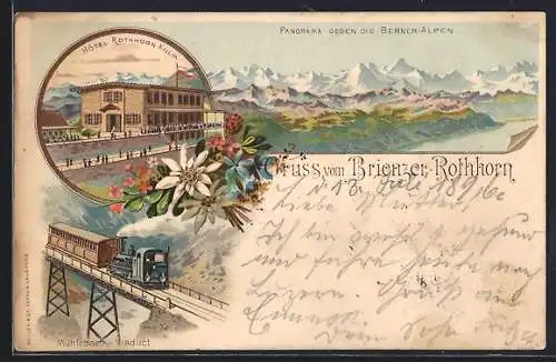 Lithographie Rothorn-Kulm, Das Hotel, Bergbahn auf dem Mühlebach-Viaduct, Panorama gegen Berner Alpen