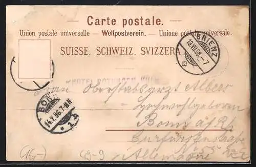 Lithographie Rothorn-Kulm, Das Hotel, Bergbahn auf dem Mühlebach-Viaduct, Panorama gegen Berner Alpen