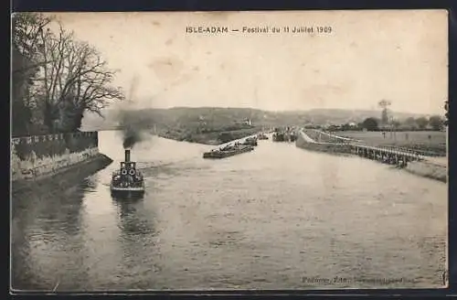 AK Isle-Adam, Festival du 11 Juillet 1909 avec bateau à vapeur sur la rivière