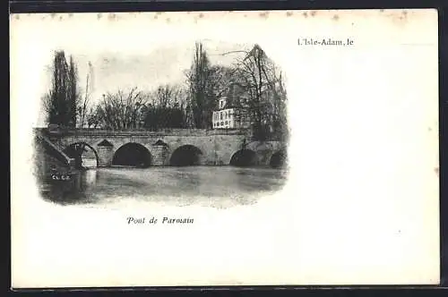 AK L`Isle-Adam, Pont de Parmain sur la rivière entouré d`arbres et de maisons