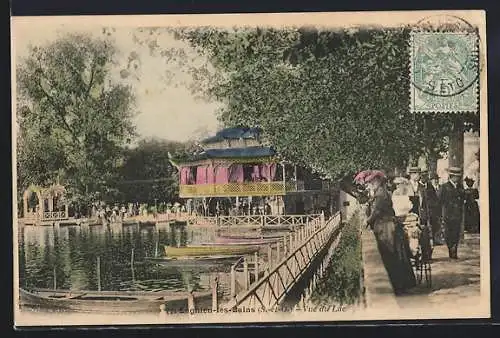 AK Enghien-les-Bains, Vue du lac avec promenade et pavillon élégant