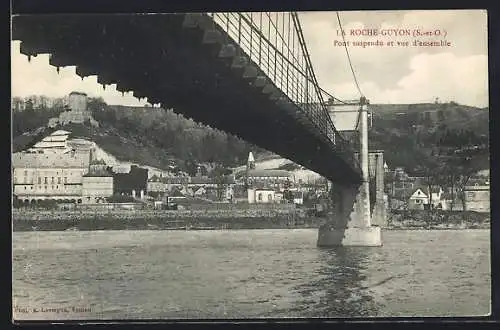 AK La Roche-Guyon, Pont suspendu et vue d`ensemble