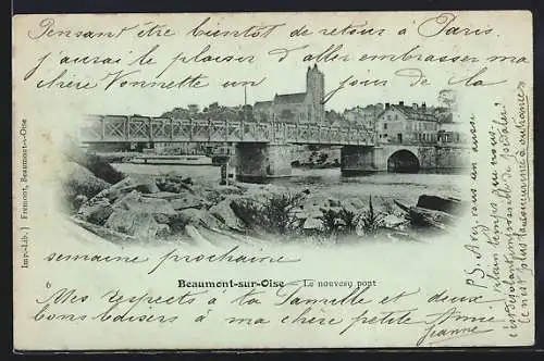 AK Beaumont-sur-Oise, Le nouveau pont et vue sur l`église en arrière-plan
