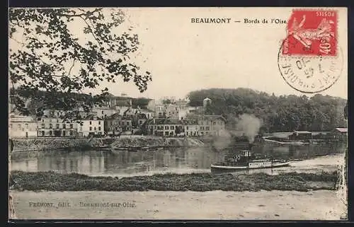 AK Beaumont, Bords de l`Oise avec vapeur passant devant la ville