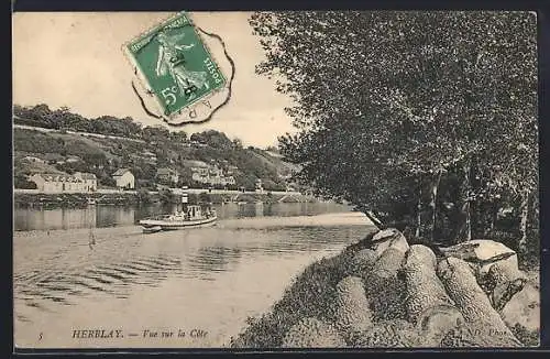 AK Herblay, Vue sur la Côte avec bateau à vapeur sur la rivière