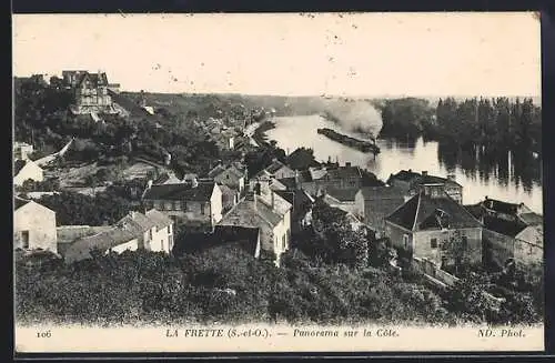 AK La Frette, Panorama sur la Côte avec vue sur la rivière et le train à vapeur