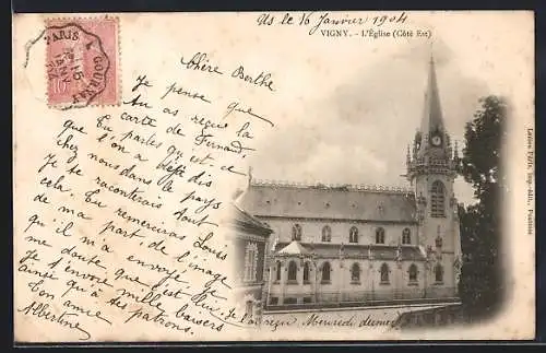 AK Vigny, L`église (Côté Est) avec écriture manuscrite du 16 janvier 1904