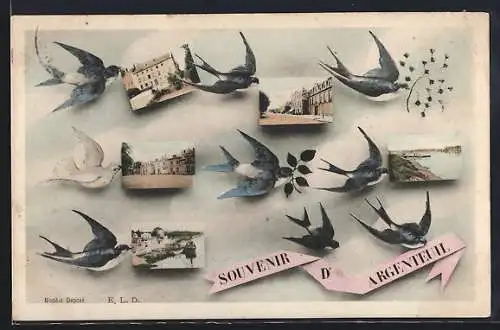 AK Argenteuil, Souvenir d`Argenteuil avec hirondelles et vues locales