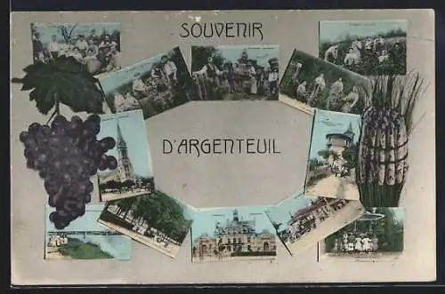 AK Argenteuil, Souvenir avec collages de scènes locales et vignobles