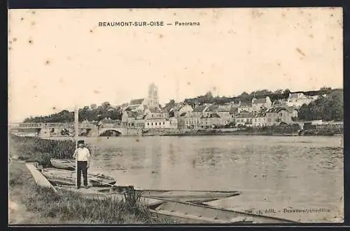 AK Beaumont-sur-Oise, Panorama avec vue sur la rivière et le village en arrière-plan
