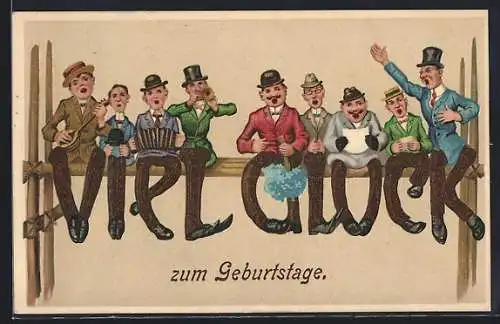 Präge-AK Beine eines Männerchors formen den Schriftzug Viel Glück, Geburtstagsgruss